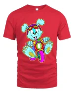 Cute Bunny Riding Bike Cartoon T Shirt Funny Colorful Graphic - red t-shirt on white background