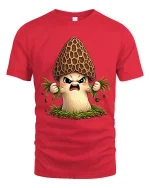 Angry Morel Mushroom Cartoon Tshirt Funny Forest Vibes - red t-shirt on white background