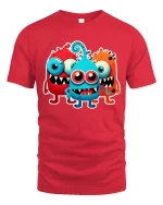Cute Funny Monster Trio Cartoon T Shirt Colorful Kawaii Design - red t-shirt on white background