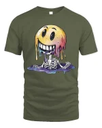 Melting Smile Skeleton Graphic T Shirt Funny Creepy Cute Vibe - military green t-shirt on white background