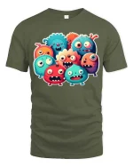 Cute Funny Monster Squad Cartoon T Shirt Colorful Kawaii Style - military green t-shirt on white background