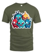 Cute Funny Monster Crew Cartoon T Shirt Colorful Kawaii Style - military green t-shirt on white background