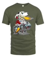 Funny Dog Driving Monster Truck T Shirt Fire Breathing Cartoon - military green t-shirt on white background