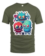 Cute Funny Monster Trio Cartoon T Shirt Colorful Kawaii Design - military green t-shirt on white background