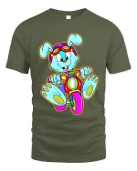Cute Bunny Riding Bike Cartoon T Shirt Funny Colorful Graphic - military green t-shirt on white background