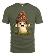 Angry Morel Mushroom Cartoon Tshirt Funny Forest Vibes - military green t-shirt on white background
