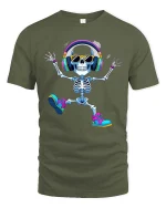 Dancing Skeleton Headphones Tshirt Funny Music Lover Vibe - military green t-shirt on white background