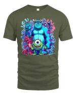 Cute Monster Friends Cartoon Tshirt Colorful Fun Squad Vibe - military green t-shirt on white background