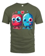 Cute Love Monster Cartoon T Shirt Kawaii Couple Funny Graphic - military green t-shirt on white background