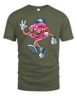 Cool Dancing Brain Cartoon T Shirt Funny Nerd Streetwear Style - military green t-shirt on white background
