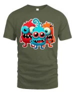 Cute Funny Monster Trio Cartoon T Shirt Colorful Kawaii Design - military green t-shirt on white background