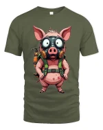 Funny Pig With Gas Mask T Shirt Crazy Cartoon Survival Style - military green t-shirt on white background