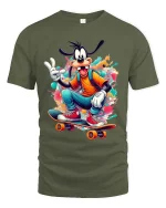 Funny Skateboarding Cartoon Dog T Shirt Cool Street Art Style - military green t-shirt on white background