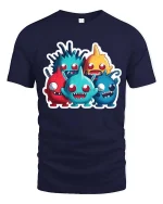 Cute Funny Monster Crew Cartoon T Shirt Colorful Kawaii Style - navy t-shirt on white background