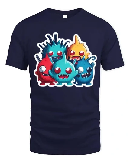Cute Funny Monster Crew Cartoon T Shirt Colorful Kawaii Style - navy t-shirt on white background