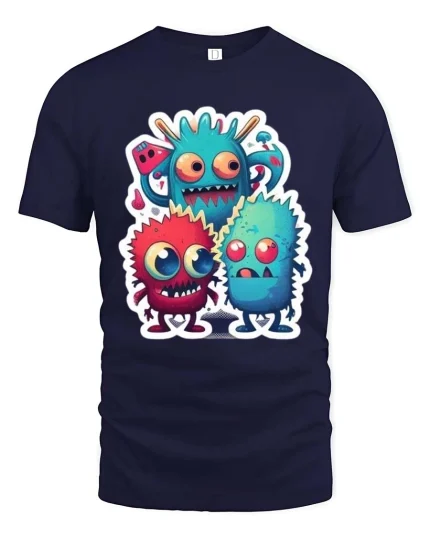 Cute Funny Monster Trio Cartoon T Shirt Colorful Kawaii Design - navy t-shirt on white background
