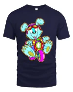 Cute Bunny Riding Bike Cartoon T Shirt Funny Colorful Graphic - navy t-shirt on white background