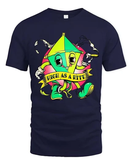 Funny High As A Kite Cartoon T Shirt Cool Chill Graphic Style - navy t-shirt on white background