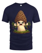Angry Morel Mushroom Cartoon Tshirt Funny Forest Vibes - navy t-shirt on white background