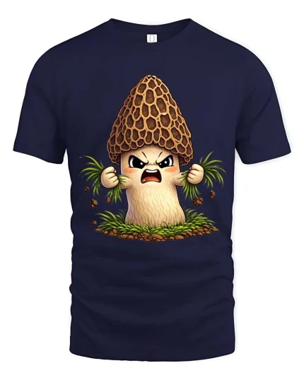Angry Morel Mushroom Cartoon Tshirt Funny Forest Vibes - navy t-shirt on white background