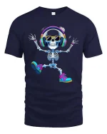 Dancing Skeleton Headphones Tshirt Funny Music Lover Vibe - navy t-shirt on white background