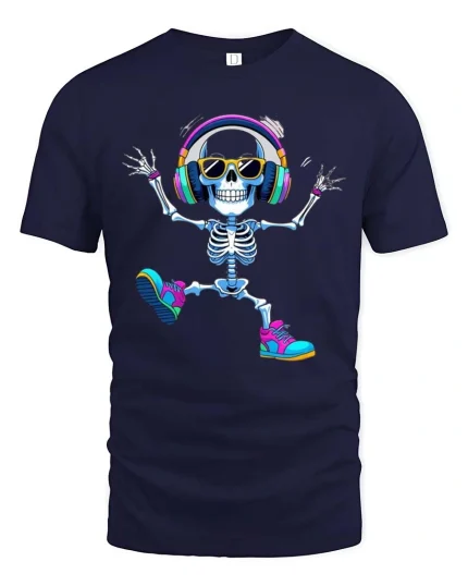 Dancing Skeleton Headphones Tshirt Funny Music Lover Vibe - navy t-shirt on white background