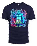 Cute Monster Friends Cartoon Tshirt Colorful Fun Squad Vibe - navy t-shirt on white background