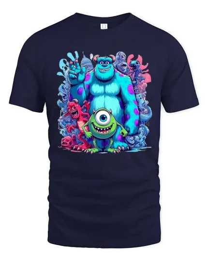 Cute Monster Friends Cartoon Tshirt Colorful Fun Squad Vibe - navy t-shirt on white background