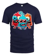 Cute Funny Monster Trio Cartoon T Shirt Colorful Kawaii Design - navy t-shirt on white background