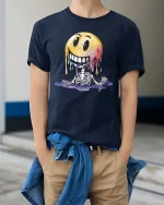Melting Smile Skeleton Graphic T Shirt Funny Creepy Cute Vibe - model wearing navy tee with hands in pockets