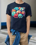 Cute Funny Monster Squad Cartoon T Shirt Colorful Kawaii Style - model wearing navy tee with hands in pockets