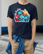 Cute Funny Monster Crew Cartoon T Shirt Colorful Kawaii Style - model wearing navy tee with hands in pockets