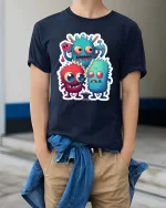 Cute Funny Monster Trio Cartoon T Shirt Colorful Kawaii Design - model wearing navy tee with hands in pockets