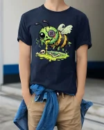 Gross Zombie Bee Cartoon T Shirt Funny Creepy Cute Graphic Art - model wearing navy tee with hands in pockets