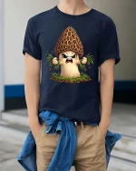 Angry Morel Mushroom Cartoon Tshirt Funny Forest Vibes - model wearing navy tee with hands in pockets