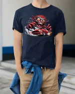 Crazy Demon Driver Muscle Car Graphic T Shirt Wild Street Style - model wearing navy tee with hands in pockets