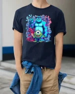 Cute Monster Friends Cartoon Tshirt Colorful Fun Squad Vibe - model wearing navy tee with hands in pockets