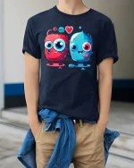 Cute Love Monster Cartoon T Shirt Kawaii Couple Funny Graphic - model wearing navy tee with hands in pockets