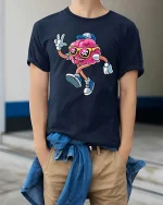 Cool Dancing Brain Cartoon T Shirt Funny Nerd Streetwear Style - model wearing navy tee with hands in pockets