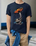 Dark Mushroom Monster Graphic T Shirt Creepy Dripping Art Style - model wearing navy tee with hands in pockets