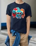Cute Funny Monster Trio Cartoon T Shirt Colorful Kawaii Design - model wearing navy tee with hands in pockets