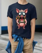 Funny Pig With Gas Mask T Shirt Crazy Cartoon Survival Style - model wearing navy tee with hands in pockets