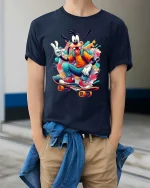 Funny Skateboarding Cartoon Dog T Shirt Cool Street Art Style - model wearing navy tee with hands in pockets
