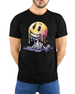 Melting Smile Skeleton Graphic T Shirt Funny Creepy Cute Vibe - model wearing black tee with hands behind back