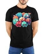 Cute Funny Monster Squad Cartoon T Shirt Colorful Kawaii Style - model wearing black tee with hands behind back