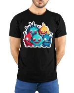 Cute Funny Monster Crew Cartoon T Shirt Colorful Kawaii Style - model wearing black tee with hands behind back