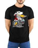 Funny Dog Driving Monster Truck T Shirt Fire Breathing Cartoon - model wearing black tee with hands behind back