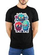 Cute Funny Monster Trio Cartoon T Shirt Colorful Kawaii Design - model wearing black tee with hands behind back