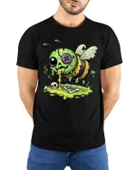 Gross Zombie Bee Cartoon T Shirt Funny Creepy Cute Graphic Art - model wearing black tee with hands behind back
