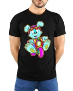 Cute Bunny Riding Bike Cartoon T Shirt Funny Colorful Graphic - model wearing black tee with hands behind back